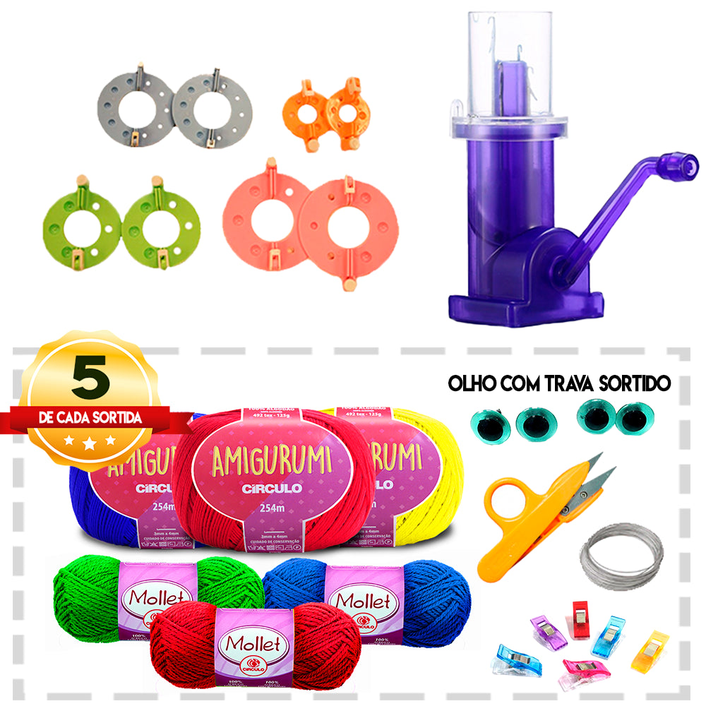 Mega Kit Faz Pompom e Tricotin + Linhas e Acessórios - African Artesanato